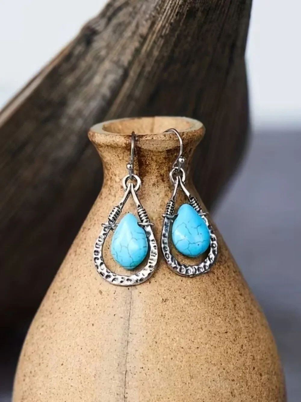 Southwestern Boho Earrings Stippled Teardrop with Floating Faux Turquoise NWT